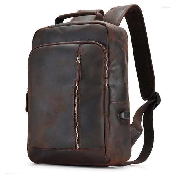 Mochila Nesitu Highend Vintage Brown Top Grão Genuine Crazy Horse Couro A4 15.6 '' Laptop Mulheres Homens Saco de Viagem M6641