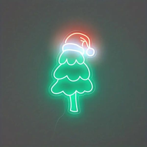 1 Stück Weihnachts-Neonschild, USB-betriebener Baum, Weihnachtsmann, Schneeflocke, Socke, Rentier, Glocke, Geschenk, LED-Licht, für Weihnachtsdekoration, Partys, Veranstaltungen, LED-Neonlicht (Baum mit Hut)