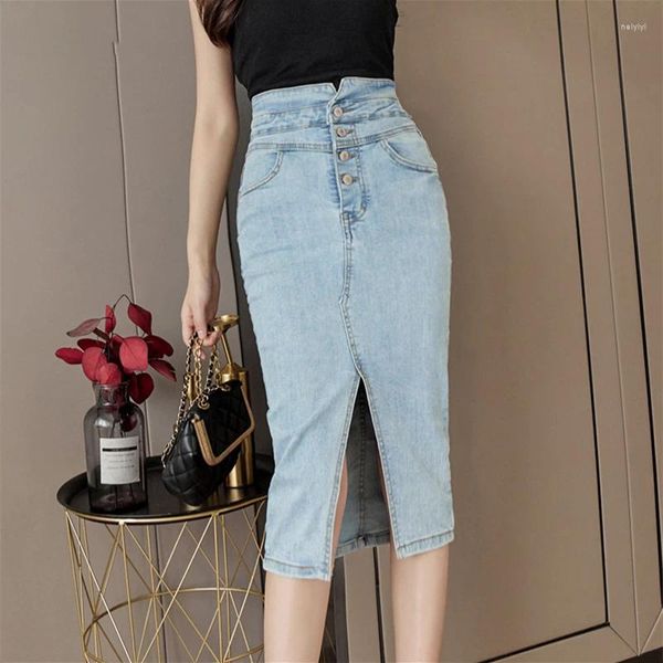 Röcke Damen Denim Wrap 2023 Sommer Elegant High Wasit Jeans Rock Weiblich Chic Knöpfe Vorne Split Bleistift