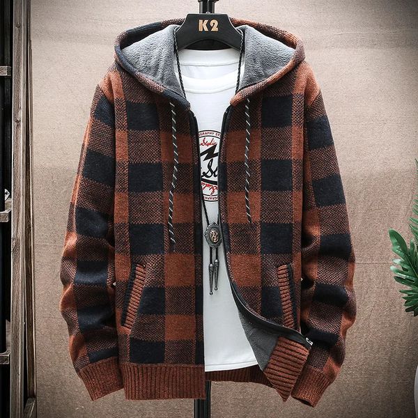 Männer Pullover Winter männer Plaid Fleece Strickjacke Mit Kapuze Mantel Männlich Zipper Gestrickte Dicke Warme Strickwaren Pullover Bequeme Kleidung 231021