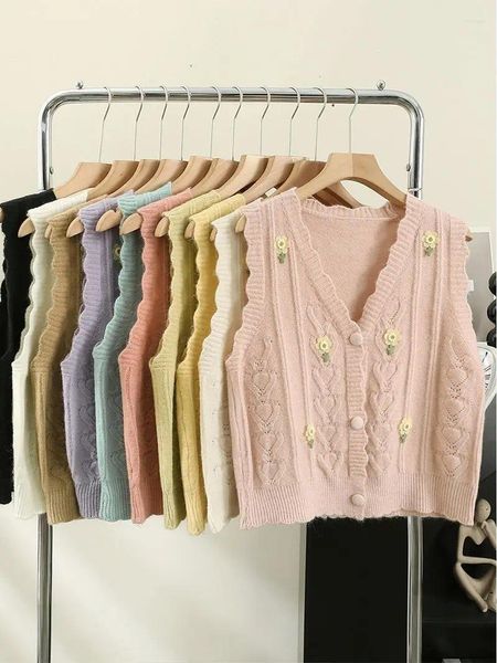 Suéter feminino bordado flor malha colete cardigan outwear 2023 outono/inverno solto e idade reduzida renda sem mangas regata