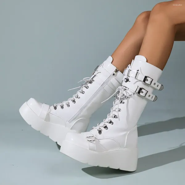 Botlar Kadın Kış Gotik Orta Buzağı Ayakkabıları Marka Bayanlar Chunky High Heels Punk Street Platformu Kadın