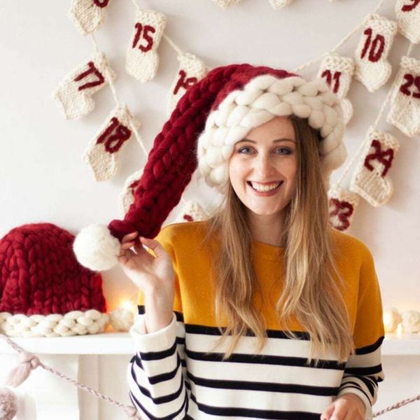 Cappello di Natale Moda per bambini e adulti Cappello di Natale in lana islandese extra spesso Cappello di Babbo Natale intrecciato a mano creativo Cappello da genitore per bambino autunno e inverno