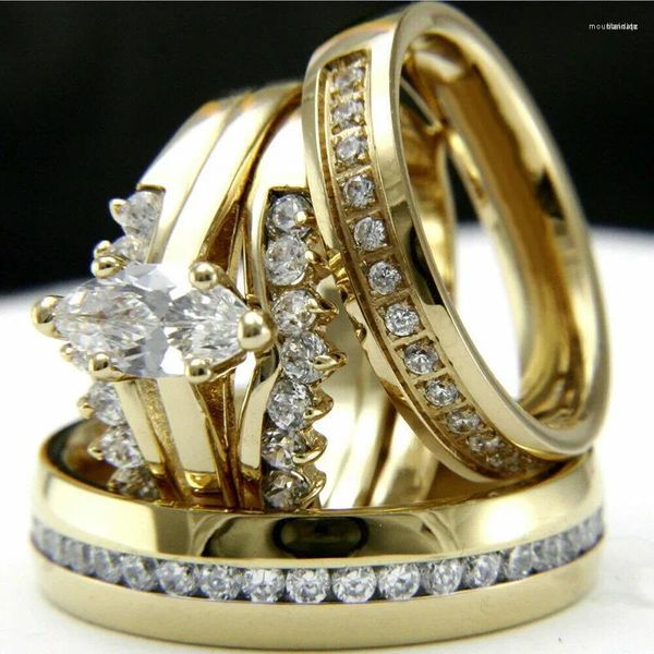 Fedi nuziali 4 pezzi Set da sposa di lusso con occhio di cavallo Coppia di zirconi bianchi per donne Uomini Anello di fidanzamento color oro Set regali di gioielli di compleanno