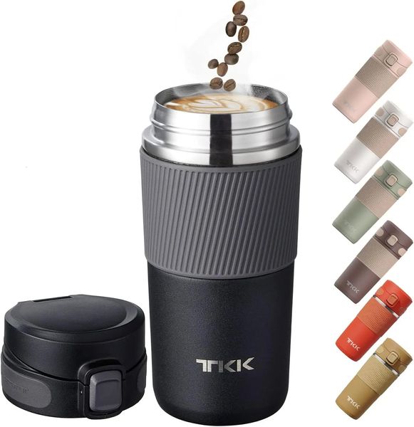 Tazze Tazza da viaggio per caffè isolata Thermos a doppia parete a prova di perdite Bicchiere riutilizzabile sottovuoto in acciaio inossidabile 450ML Nero 231020