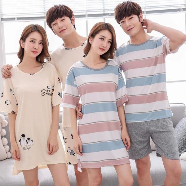 Mulheres sleepwear 2023 verão casal manga curta camisola mulheres coreano casual listrado noite vestido nightdress homens homewear roupas