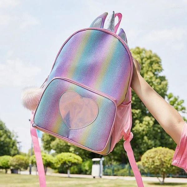 Sacos escolares 2023 crianças mochila moda desenhos animados glitter coração com alça de peito crianças pequenas meninas bonitos mochilas