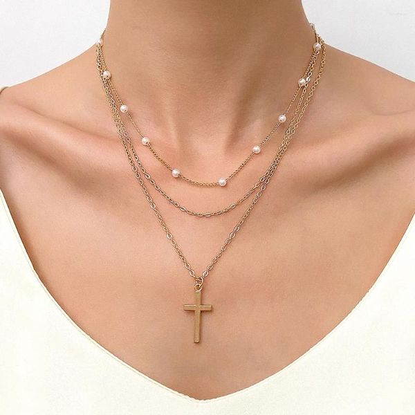 Correntes Designer Original Multi-camada Cruz Pingente Colar Para Mulheres Geométricas Pearl Chain Fabricantes Diretos