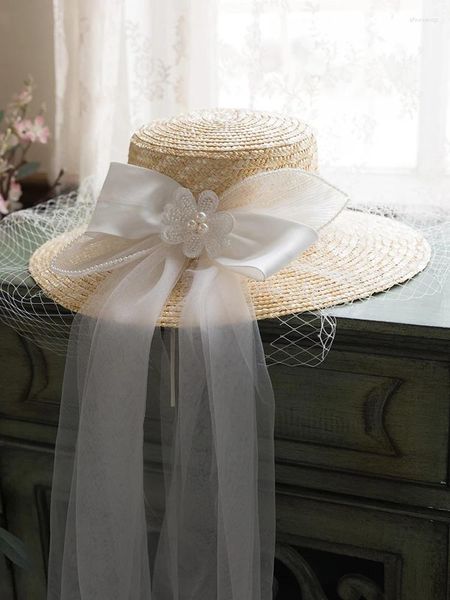Береты, соломенная шляпа-федора с большими полями во французском стиле, элегантная женская сетчатая марлевая свадебная шляпа с бантом феи, весна-лето 2023, женские шляпы-федоры