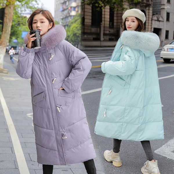 Trench da donna Bella giacca invernale Spessa calda Parka Cappotto lungo Giacche da donna Collo in pelliccia Con cappuccio Imbottito in cotone femminile Parka da neve