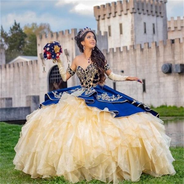 Charro Темно-Синее Золотое Платье Quinceanera 2024 Мексика с вышивкой и оборками из органзы Платье на день рождения 15 Роскошное платье для выпускного вечера Sweet 16 Vestidos De 15 Anos 2024 Фотосессия