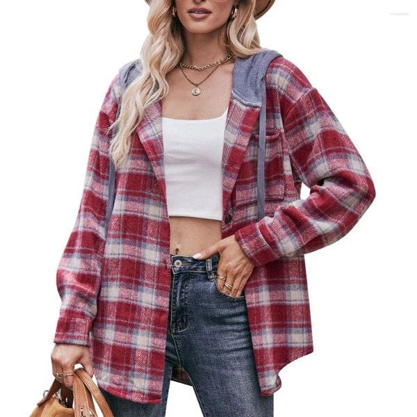 Camicette da donna 2023 Autunno Inverno Flanella Plaid Camicie Cappotti Donna Manica lunga Allentato con cappuccio Camicia spessa Street Style Donna Casual