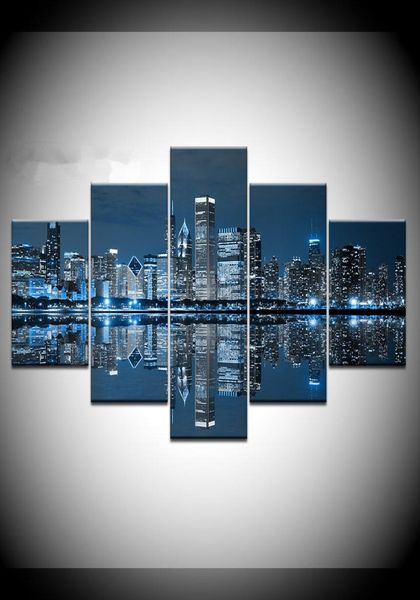 Canvas Wall Art Pictures Home Decor 5 peças Chicago City Night View Pinturas HD Imprime Beautiful River City Building Posters2472574