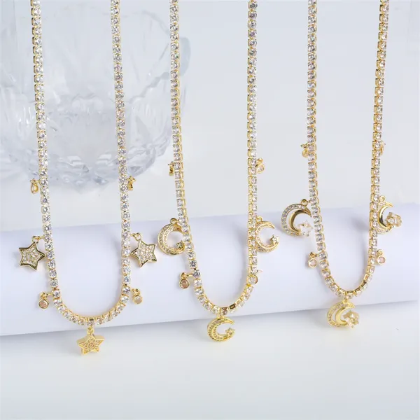 Anhänger Halsketten Top Qualität 14 Karat Gold Farbe Frauen Halskette Mode Mond und Stern Zirkon Für Mädchen Hochzeit Schmuck Lange 45 cm