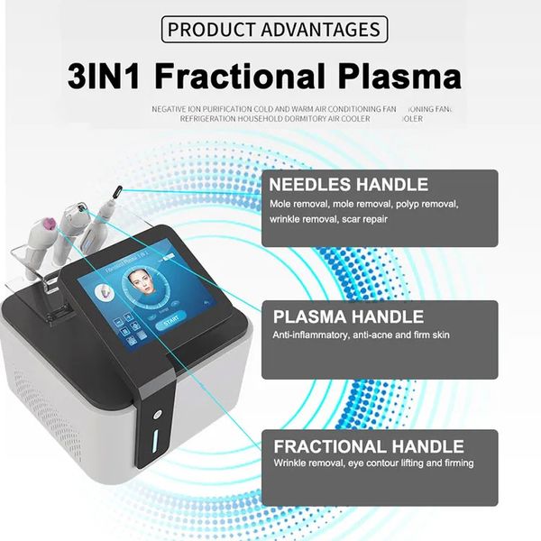 Terapia al plasma non invasiva a 3 manici per il miglioramento dell'elasticità della pelle Lifting Spot viso Rimozione del nevo Plasma battericida Ago a matrice di punti Ione 3 in 1 Centro di bellezza