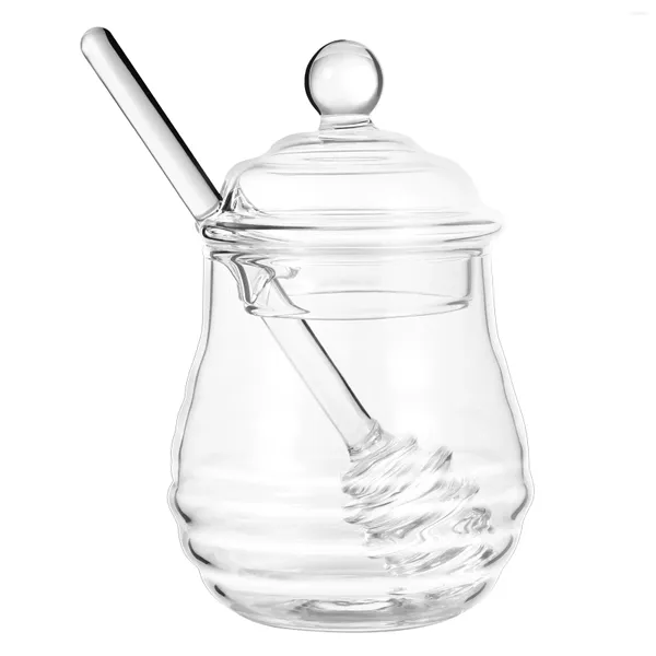 Set di stoviglie Barattolo di miele da 250 ml con asta di agitazione e coperchio Contenitore da cucina per la conservazione dello sciroppo in vetro trasparente per la casa