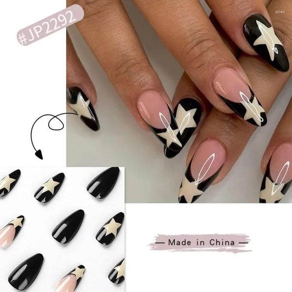 Falsas unhas 24 pcs estrela imprensa em y2k branco preto estilo francês nail art manicure ferramentas wearable dicas de cobertura completa para meninas