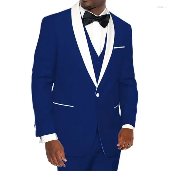 Ternos masculinos estilo azul real noivo smoking xale branco cetim lapela padrinhos 3 peças (jaqueta calças colete gravata borboleta) d279