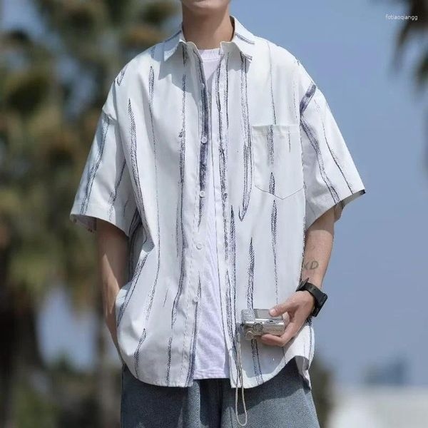 Camisas casuais masculinas E-BAIHUI tie-dye para homens primavera e verão estilo japonês manga curta camisa havaiana turn-down colarinho roupas brancas