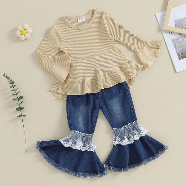 Set di abbigliamento Vestiti per bambina per bambina Flare Manica lunga a coste con volant Abito a tunica Top in pizzo Denim Pantaloni a zampa d'elefante Set Jean Abiti autunnali