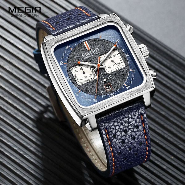 Fashion Megir Brand Square Dial Chronograph Quartz Uhren für Männer Blau Lederband Freizeitsporthandscheine mit Date 24-Stunden