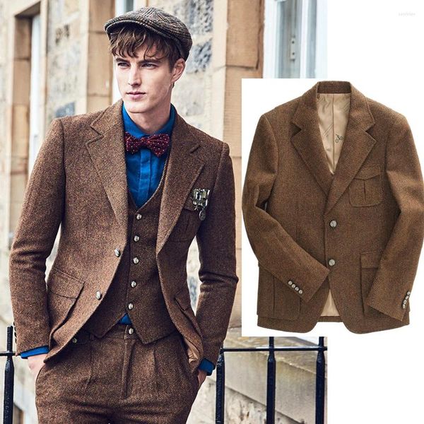 Ternos masculinos vintage marrom tweed jaqueta de inverno 3 peças terno masculino blazers conjunto traje homme vestido de casamento masculino feito sob encomenda