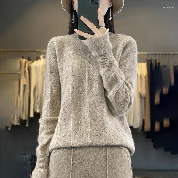 Kadın Sweaters Sonbahar ve Kış Yuvarlak Boyun İçi Boş Tığ işi Sweater Gevşek Çok Yönlü Saf Yün Örme Dipli Gömlek