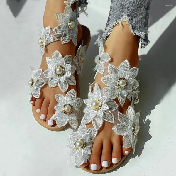 Sandálias planas para mulheres floral pérola senhoras praia chinelos femininos moda casual deslizamento no clipe toe casamento flip flops