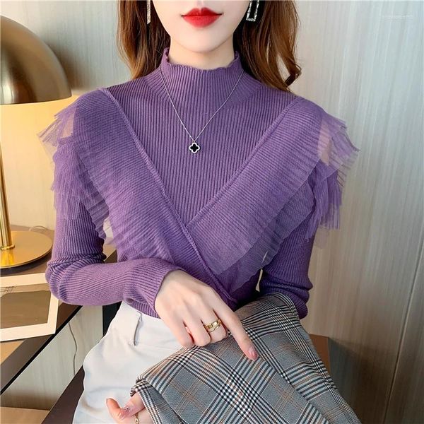 Damenpullover Koreanische Mode Mesh Patchwork Pullover Frauen Frühling Herbst Jumper Rollkragen Langarm Schulterfrei Gestrickte Tops Pull