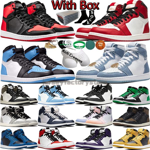 Con scatola 1 Scarpe da basket per uomo Donna 1s High Satin Bred Denim Chicago Hyper Royal University Blu True Pine Green Palomino Mocha Court Viola Sneaker sportiva da uomo