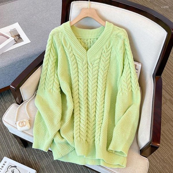 Maglioni da donna 2023 Moda Inverno Pullover Abbigliamento Maglione femminile sciolto lavorato a maglia per le donne Verde manica lunga con scollo a V Top 23885