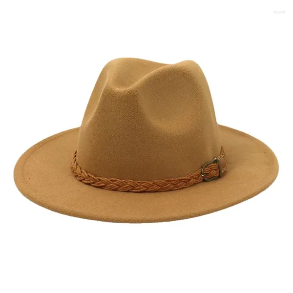 Berets Fedora Chapéu Homens Mulheres Marrom Cinto De Couro Decoração Chapéus De Feltro Mistura De Lã Artificial Vintage Big Brim Jazz Atacado