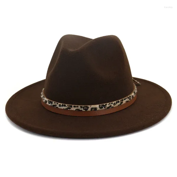 Berets leopardo marrom cinto de couro decoração chapéus de feltro para mulheres estilo britânico fedora chapéu imitação de lã jazz chapeau atacado