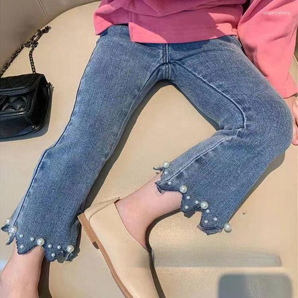 Pantaloni Pantaloni da ragazza Elastico in vita Moda Jeans con taglio a stivale piccolo 2023 Primavera Autunno Perle Fiore All-match Abbigliamento per bambini