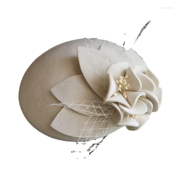 Berets Weiße Frauen Fedora Cap Hochzeit Schleier Wolle Fascinator Hut Haarspange Damenmode Rennen Blumenkopfschmuck