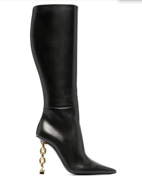 Designer de luxo Mulheres de salto alto bota longa TF Fords botas Cadeado camurça joelho de couro sobre botas preto marrom couro de bezerro com salto dourado pontudo dedo do pé vestido de inverno bombas