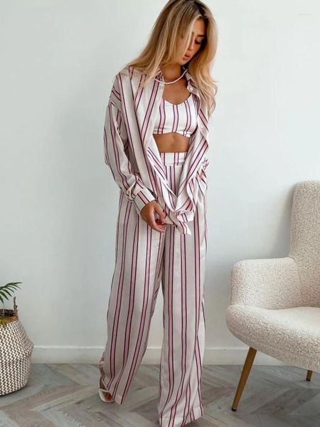 Kadın pijama linad baskı ev kıyafetleri 3 adet set uzun kollu kadın spagetti kayış mahsulü üst gevşek pantolon takım elbise sonbahar