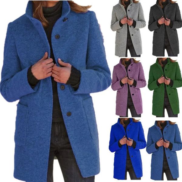 Mulheres misturas de lã outono inverno casaco vintage botão sólido gola de lã casaco moda senhoras casual jaqueta grossa 231021