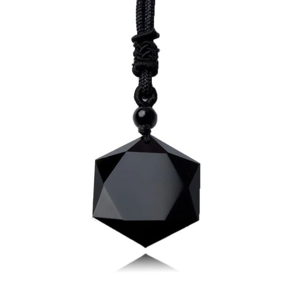 Schwarze Obsidian-Naturstein-Anhänger-Halsketten, kubische Hexagramm-Halskette, Amulette, Talismane, Schmuck