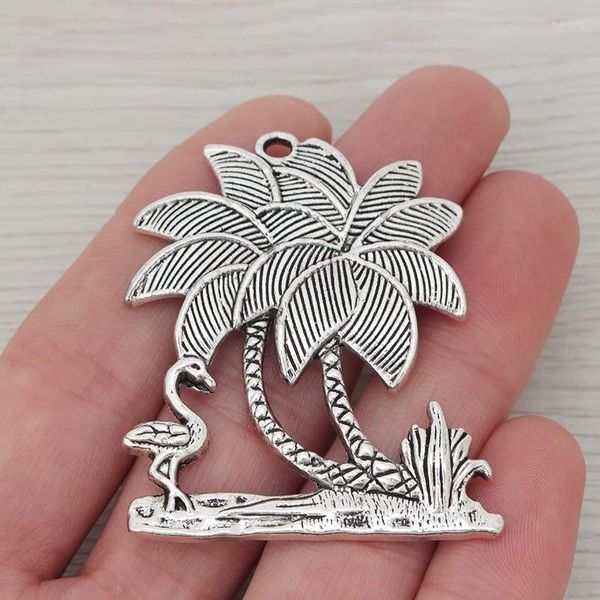 Anhänger Halsketten 3 x tibetische Silberfarbe großer Flamingo- und Palmenzauber für DIY Halskette Schmuck Erstellen Zubehör 51x44mm