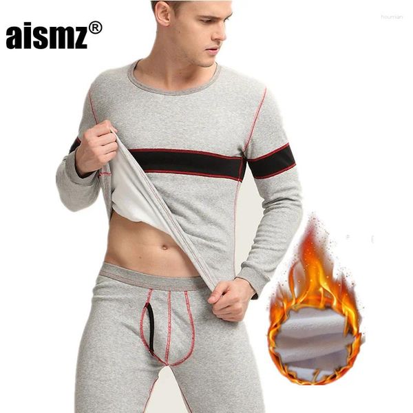 Roupa íntima térmica masculina Aismz Winter Fleece Long Johns Grosso Algodão Cashmere O-Neck Thermals