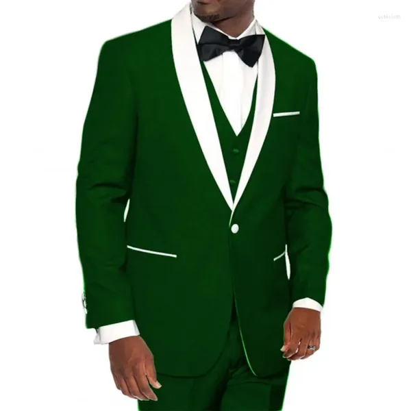 Мужские костюмы, брендовые мужские зеленые смокинги для жениха, шаль, белый атласный лацкан, жених, 3 предмета (куртка, брюки, жилет, галстук-бабочка) D277