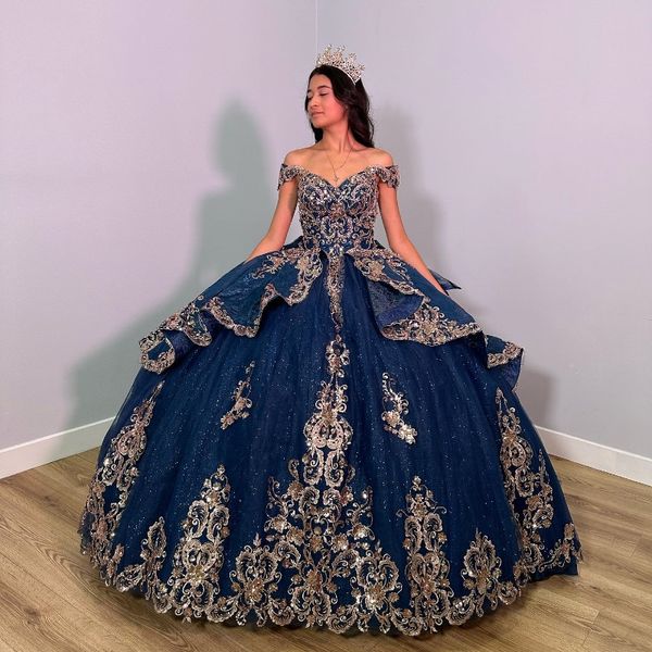 Темно-синие блестящие платья Quinceanera с золотыми аппликациями, кружевными бусинами, корсет без рукавов на шнуровке, платье для выпускного вечера Sweet 16 Vestido De 15 Anos