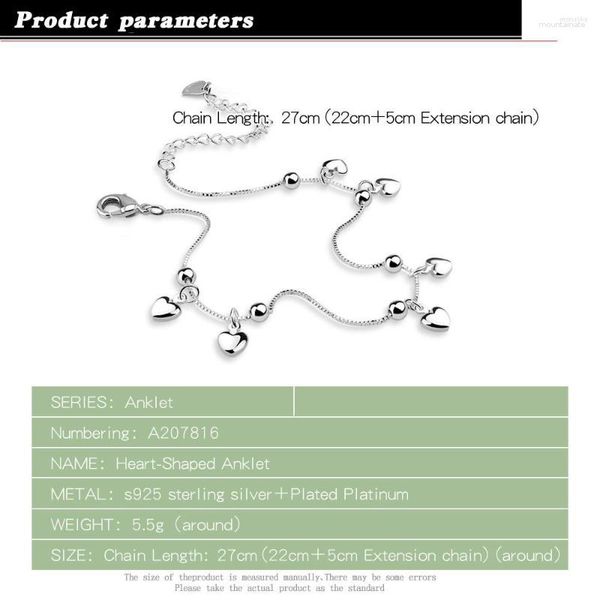Ножные браслеты из стерлингового серебра 925 пробы, кулон в форме сердца на щиколотке, бисерные украшения для ног, летние пляжные браслеты для женщин, цепочка на ногу