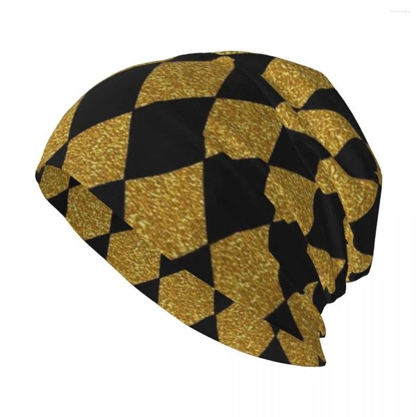 Berets Preto e Dourado Harlequin Knit Hat Caminhadas Hard Bobble Chapéus Homem Mulheres