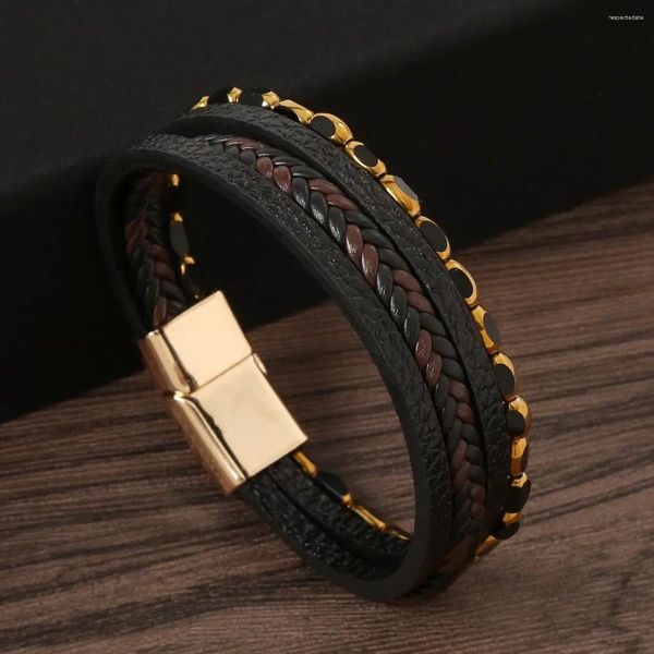 Charme pulseiras na moda couro homens aço inoxidável multicamadas corda trançada para presente de jóias masculinas atacado
