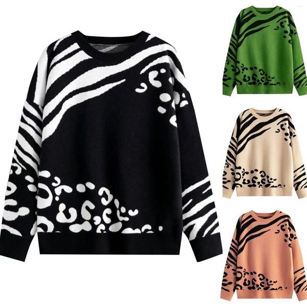 Женские свитера с круглым вырезом и цветными блоками, свободный стильный пуловер, свитер с леопардовым принтом и длинными рукавами для вязаных девочек-подростков
