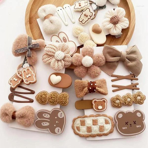 Accessori per capelli 10 pezzi carino autunno inverno peluche maglia fiore fiocco clip orso per ragazza bambini Kawaii delicato tornante