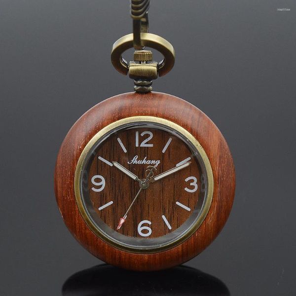 Orologi da tasca Shuhang marca cassa in legno tono bronzo movimento al quarzo giapponese orologio da donna da uomo con catena regalo di Natale di lusso