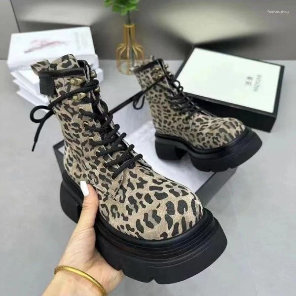 Stivali Flashion Sneakers alte da donna Caviglia da donna Autunno Leopard Sport Scarpe vulcanizzate da donna Stivali da donna in tela con plateau
